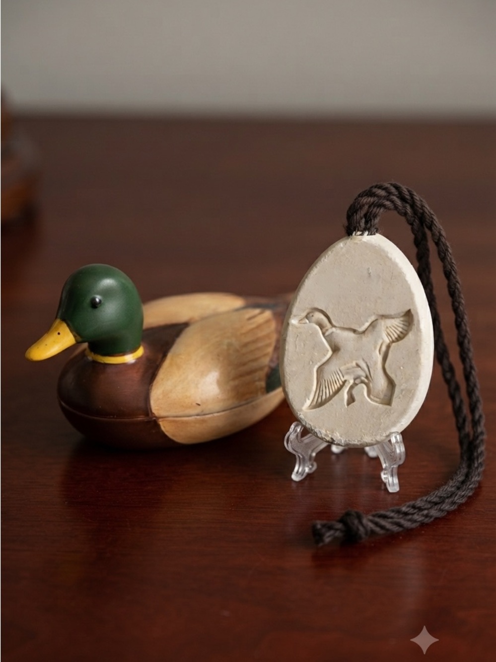 Handcrafted Vintage Avon Mallard Duck Ceramic Trinket Dish 1978 w/rope on a soap